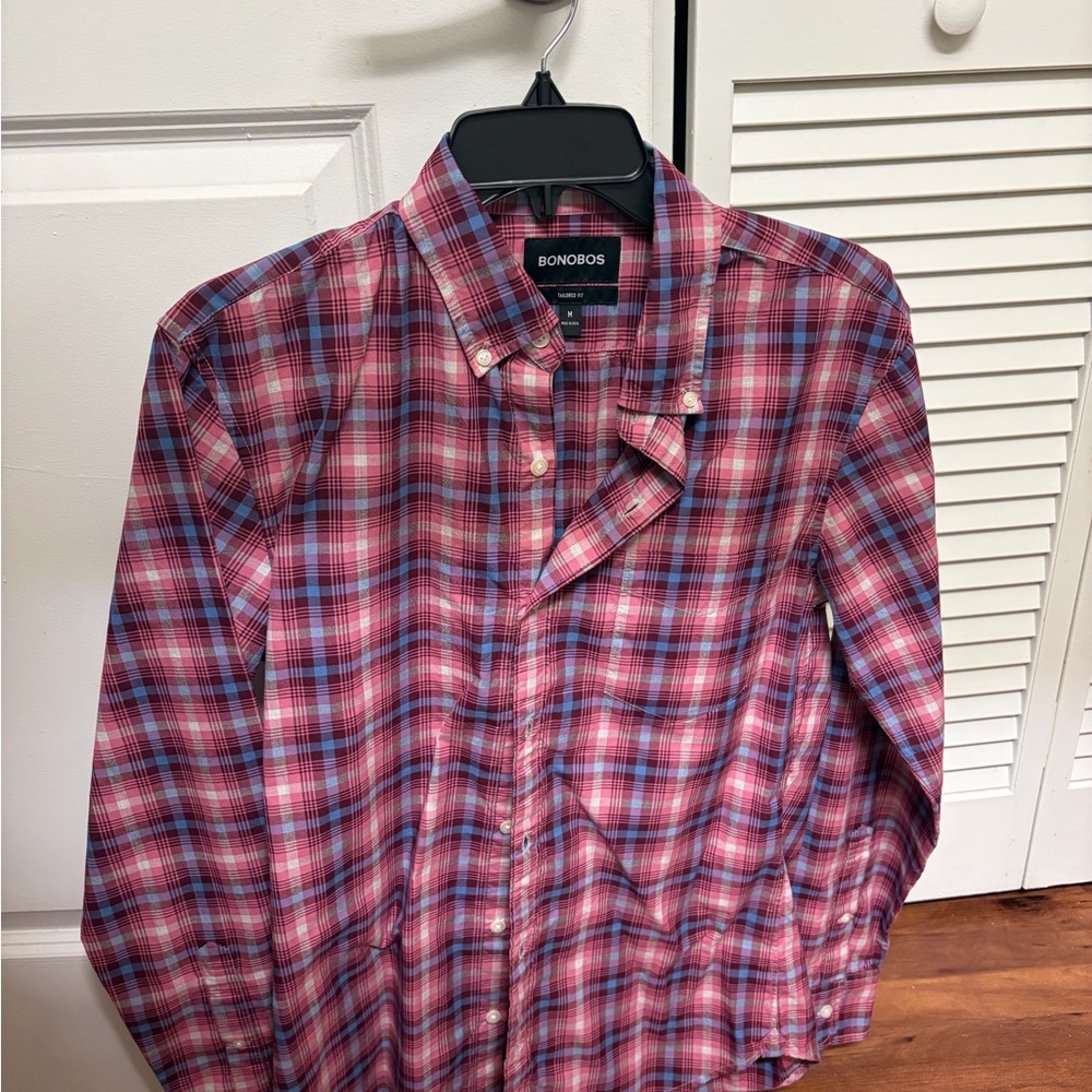 Bonobos Men's Pink and Blue Plaid Shirt size M tailored fit